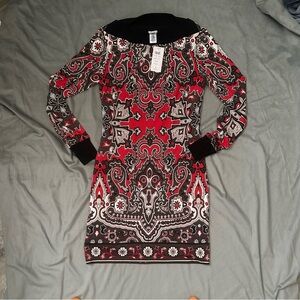 Cache Red Black Damask Bodycon Stretchy Dress NWT Size M